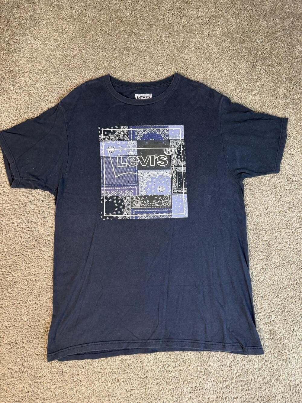 Levi's Shirt Mens L Blue Bandana Patch Logo Graphic Crew Neck Cotton Classic Fit